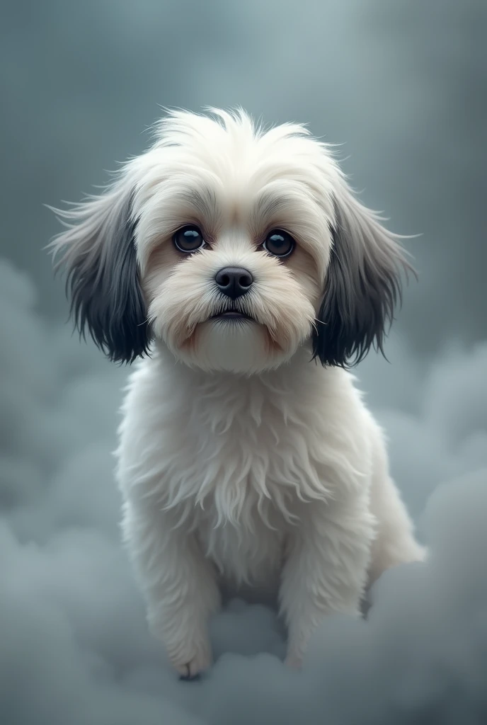 full body image, (very detailed,Ultra high resolution,Detailed background),((2 days)),((smooth color)),((Dum color)), 1solo out of the fog:1.5, looking at the audience, Cute Shih Tzu dog, white with black spots