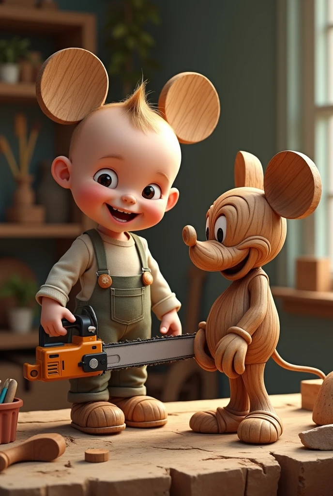 Un vrai Bebe surdouée crée une magnifique sculpture de Mickey, en bois, avec sa tronçonneuse de bébé. Le bébé est fier. caricature humoristique. Ecrire " Artiste surdoué "
