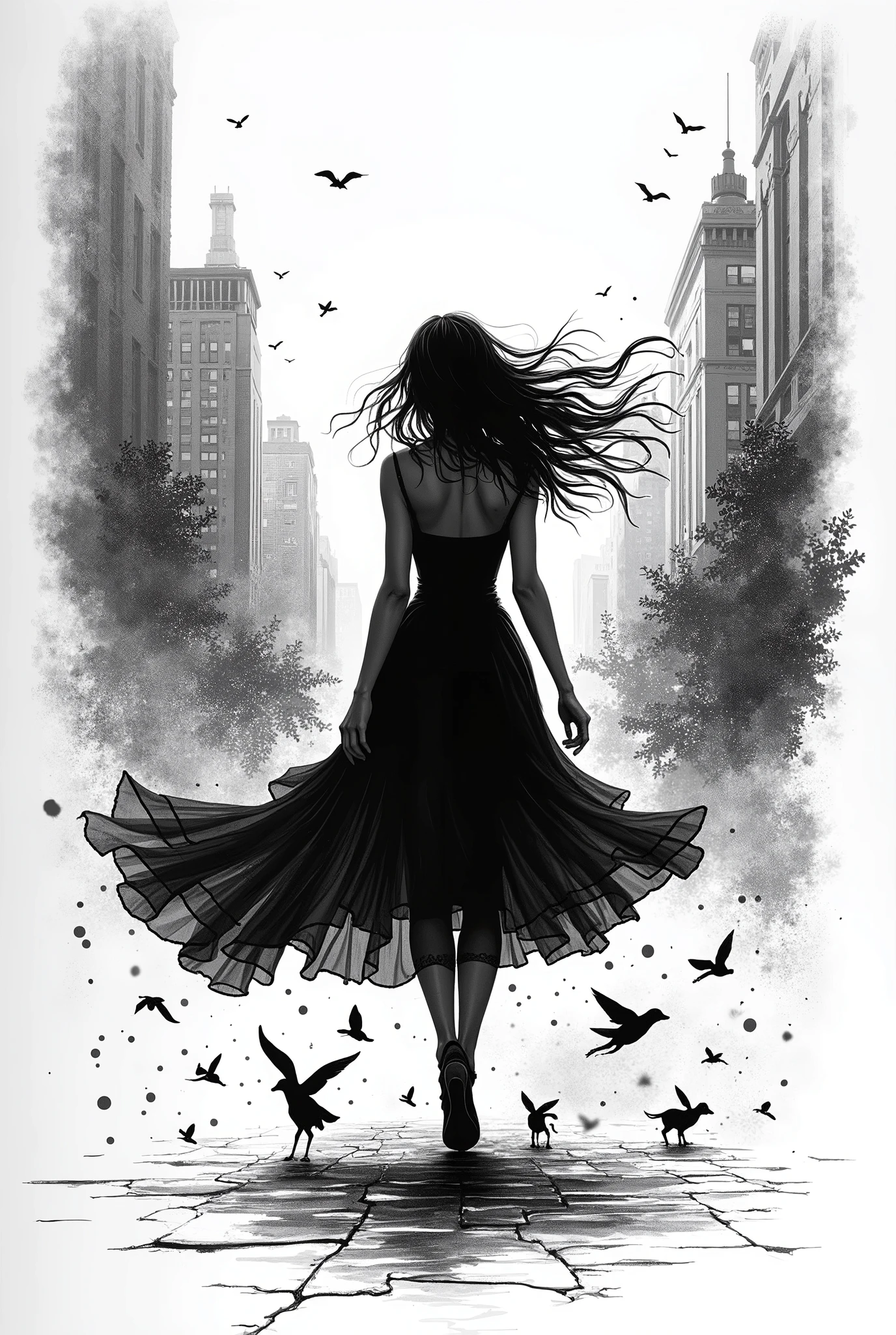 A captivating and intricate ink drawing of a young woman walking down a New York City street, masterfully blending gothic punk art with whimsical elements. The black and white silhouette of the woman is viewed from various random angles, adding to the sense of movement and dynamism. The wind is captured through the graceful flow of her clothing, and subtle touches of nature and wildlife are scattered throughout the scene. The artwork, created, combines the styles of Anne Bachelier, Gustav Klimt, and Hans Holbein, showcasing a stunning blend of landscape, whimsical animals, and elements of nature. With a touch of realism and the technique of double exposure, this high-quality image beautifully encapsulates the essence of beauty, grace, and fantasy. The inclusion of fractal line patterns and ink sketch elements adds depth and texture to the drawing.