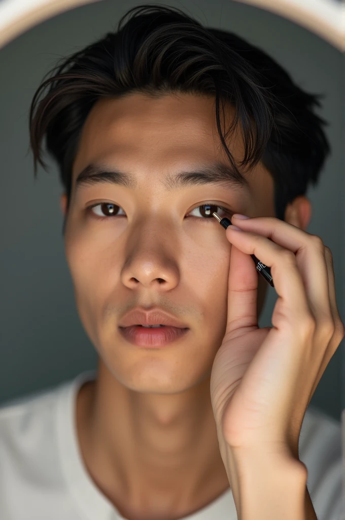 asian young man makeup artist take a selfie in the mirror, using product Kiko Milano with high definition and detailed of face and body features