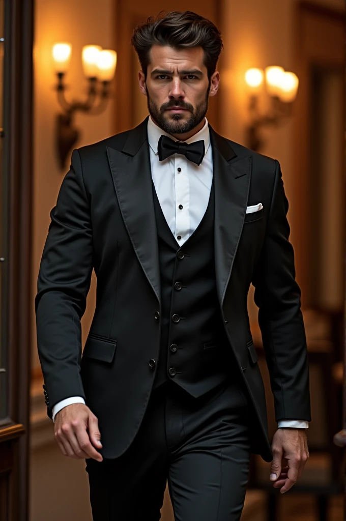 Homme brun sexy qui rentre dans un restaurant de luxe à Venise pour dîner