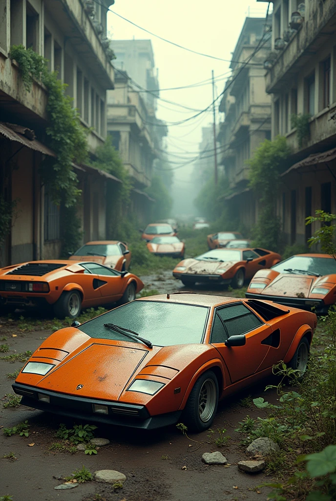 I want you to create a picture that has a lot of abandoned Lamborghini in Phnom Penh,