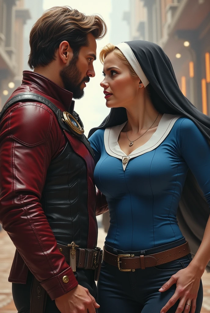 Star-lord (peter quill), red eyes, vs. Nun woman, blonde, big breasts, perfec body, blue shirt, Whole body, 2 people, until, fighting, Power.