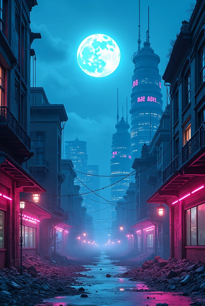 4k postapocaliptic retro city in a lot of neon light blue colours, without dark shades and people, full moon in the sky