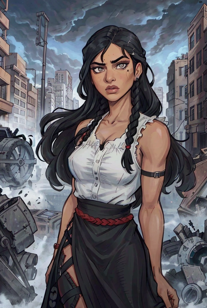 One is , caucasiano, he would be, braided hair with bangs, Bblack hair, grey-eyed, detailed black dress, isolated city, destroyed city in a blue and red tone.