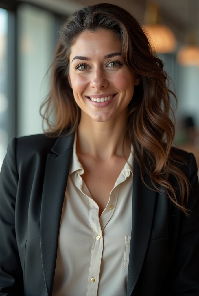 (photorealism:1.2), beautiful european women age 30 with face like kate winslet in professional outfit like interview or office with weight 72 kg and height 170 com and little chubby