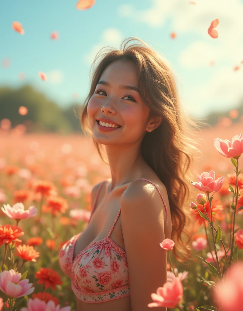 : In a vibrant field of blooming flowers, the model poses in a playful, short floral dress. Her tempting smile and the colorful floral surroundings enhance the charm of the scene