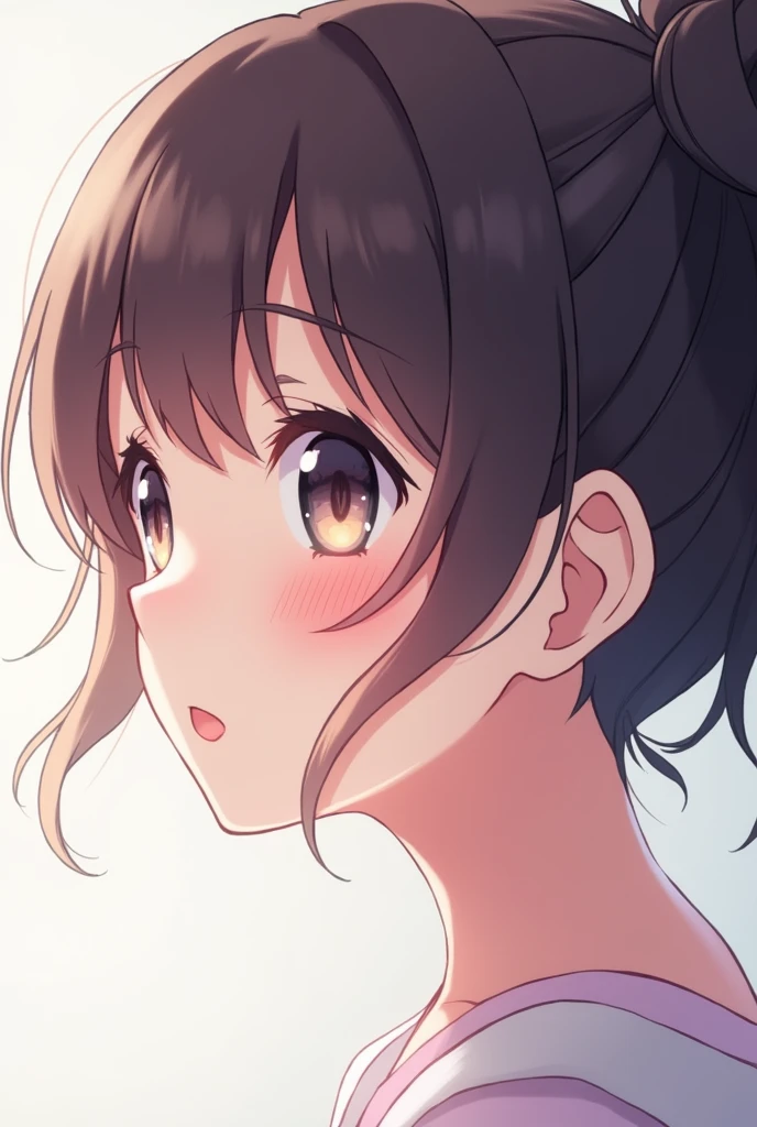 An anime girl with normally tied into a short ponytail fringes of hair over her forehead with smaller strands frame cheeks