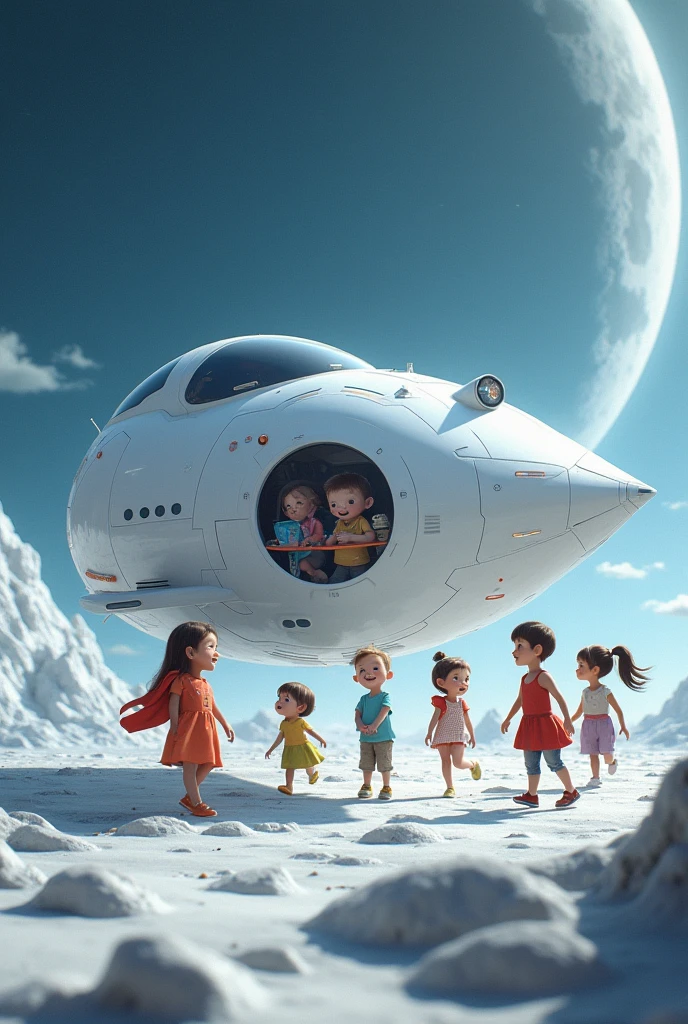Playing Little kids on futuristic white spaceship near at the moon