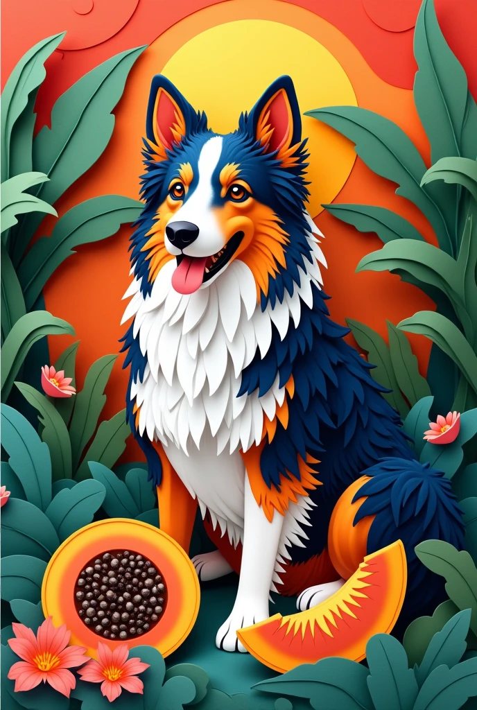a tricolor collie eating papaya,  masterpiece, all in three dimensional paper art、(Almond Shapes);1.9、(Three-dimensional paper-cut art.、colorful):1.9
