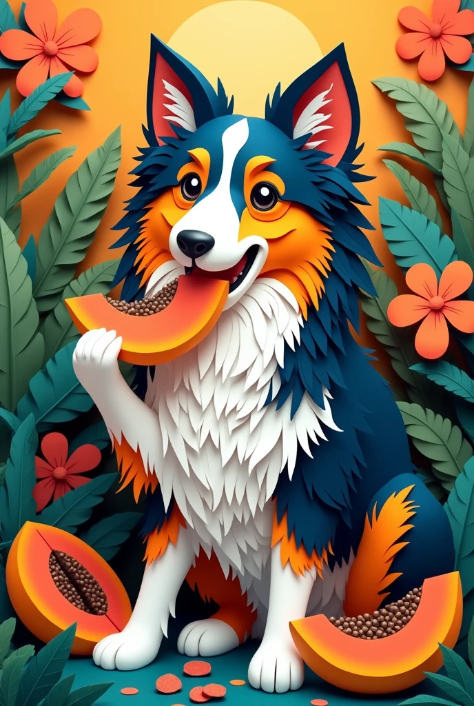 a tricolor collie eating papaya, masterpiece, all in three dimensional paper art、(Almond Shapes);1.9、(Three-dimensional paper-cut art.、colorful):1.9