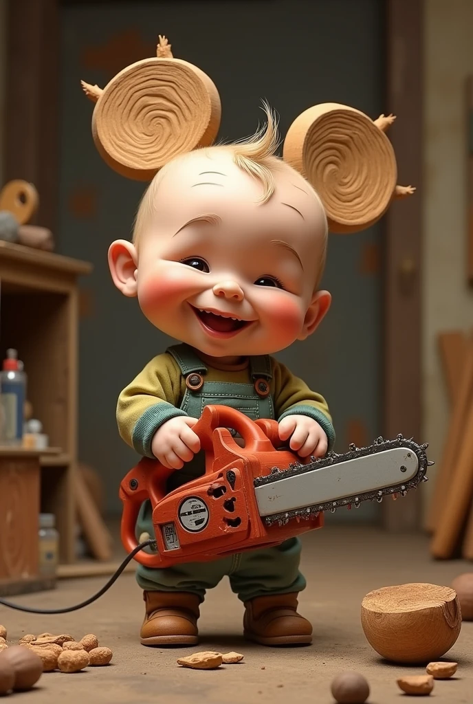 Un vrai Bebe surdouée crée une magnifique sculpture de Mickey, en bois, avec sa tronçonneuse de bébé. Le bébé est fier. caricature humoristique. Ecrire " Artiste surdoué "