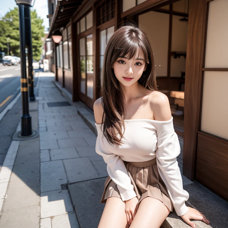 laughing out loud,2,Skirt length above knee,Wearing a white pleated skirt,(knee shot), 1 female, On the face, laughing out loud, light brown hair, blunt bangs, hair behind ears, Shoulder length hair, long hair, Slender body type, 超face slimming型, face slimming, delicate lips, beautiful eyes, Thin blush, Eyes are light brown,Check it out here, (actual:1.3), standing next to the street,The background is the Kyoto Five-Storied Pagoda, One person's perspective, 8k, Super detailed, high quality, best quality, High resolution,,Large Breasts,The breasts are H-cups, Off-shoulder tops,The breasts look big when they stick out in the clothes