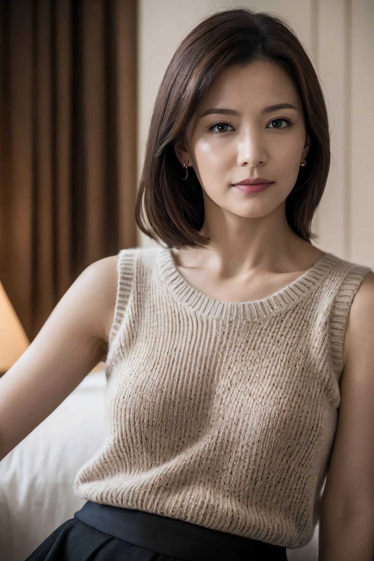 Highest quality, masterpiece, High resolution, Photorealistic, RAW Photos, 8k wallpaper, perfection, Professional Lighting, Very detailed, Written boundary depth, ((One beautiful woman)), ((Sexy 40 year old women)), (In a hotel room), ((Sleeveless knitwear、Black Skirt)), (((View your viewers:1.2))), Detailed face, ((Dark Eyes)), Shapely small breasts, Light brown straight hair, (Thick lips)