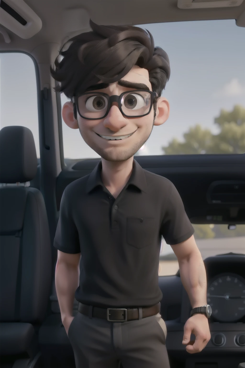 work of art, best qualityer,a dark-haired boy with glasses and a beard, wearing a black polo shirt, inside of a car.