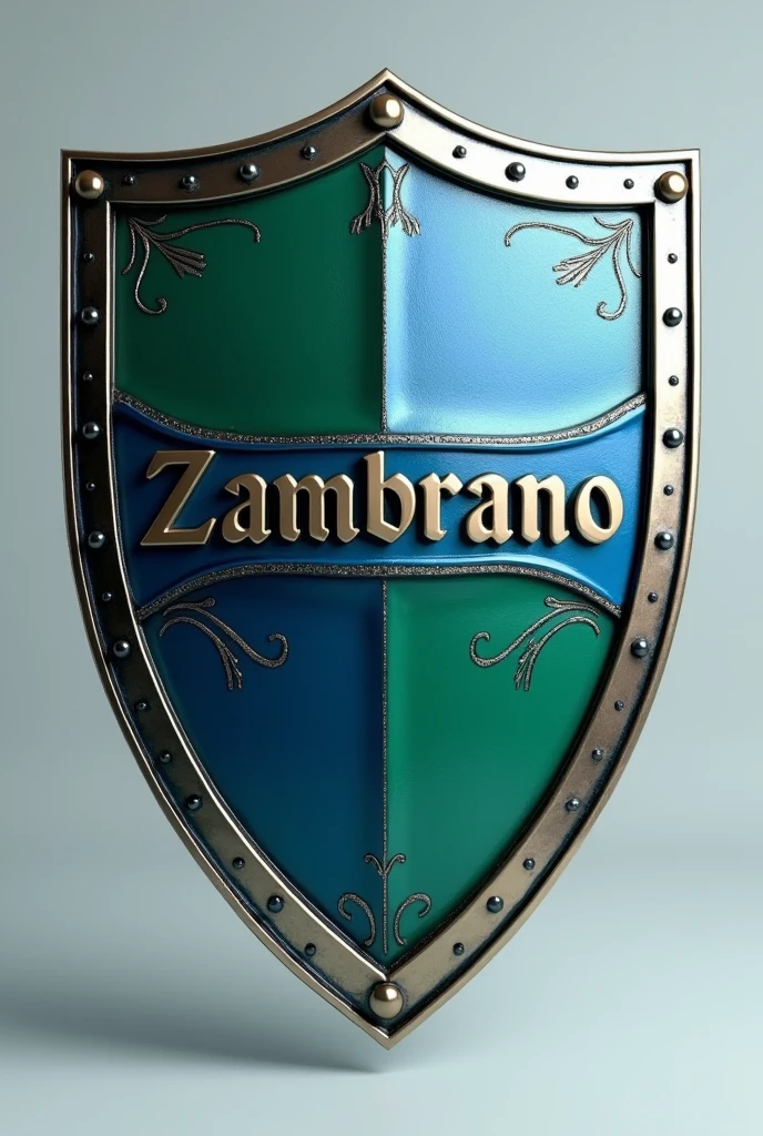 Draw me a shield of the Zambrano surname in 3D with the colors blue and green 