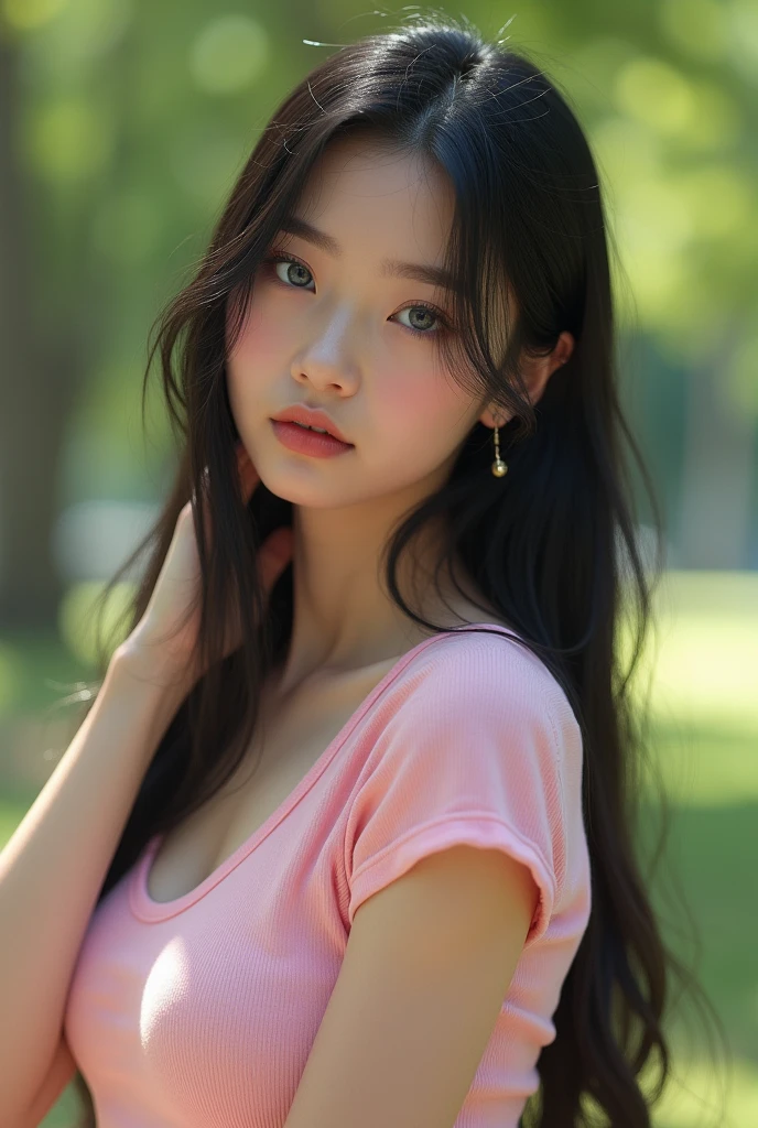 a beautiful Russian Ukrainian teenager with blue eyes , taking a selfie with the face of a young woman with a perfect body and big eyes , wide and full lips, thin, upturned nose, with a pretty face like a barbie , normal breasts ,very long and very straight black hair, no clothes perfect 1 body , , very tender face , Teenage girl with blue eyes posing very sexy wearing baby pink t-shirt and casual clothes in the park ,slickedback hair. a very sexually attractive teenage girl,