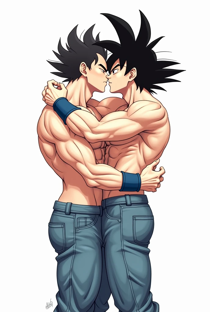 Goku and Vegeta kissing on the mouth (it's two men: both with their eyes closed, Tongue kiss, shirtless both of them, with jeans down to the feet, barefoot and in the form of a drawing)