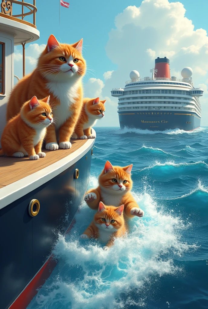 A chubby  cat family is on a vacation  in the sea on a big ship suddenly a kitten fall in the sea 