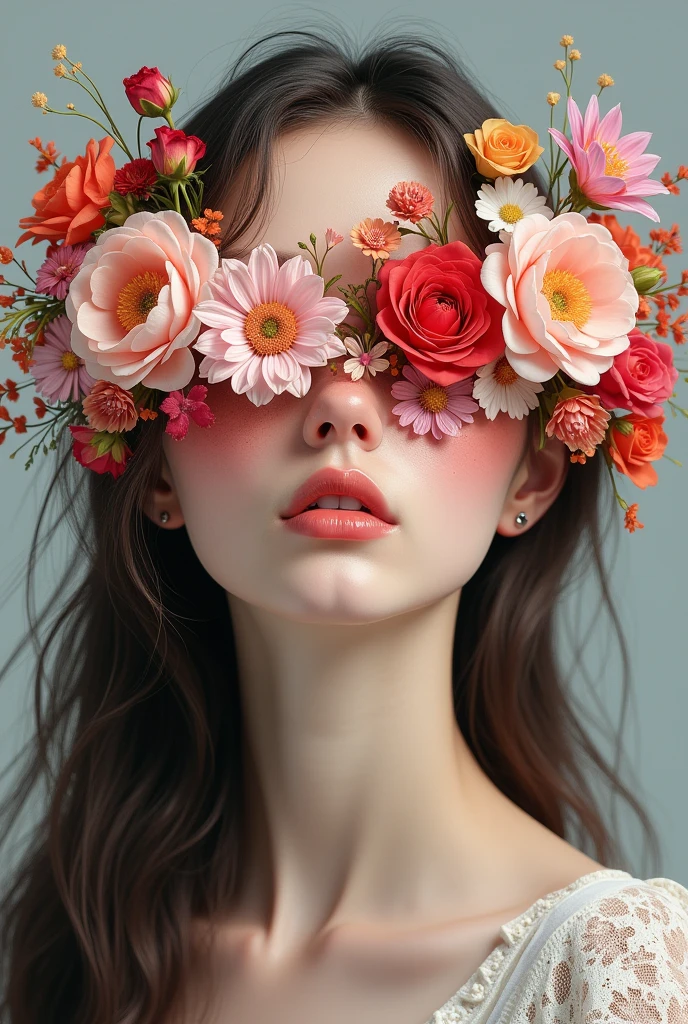 Beutyful Girl Her eye should be fully covered with flowers Her eye should be cover and her lip and nose only visible her hair should be long