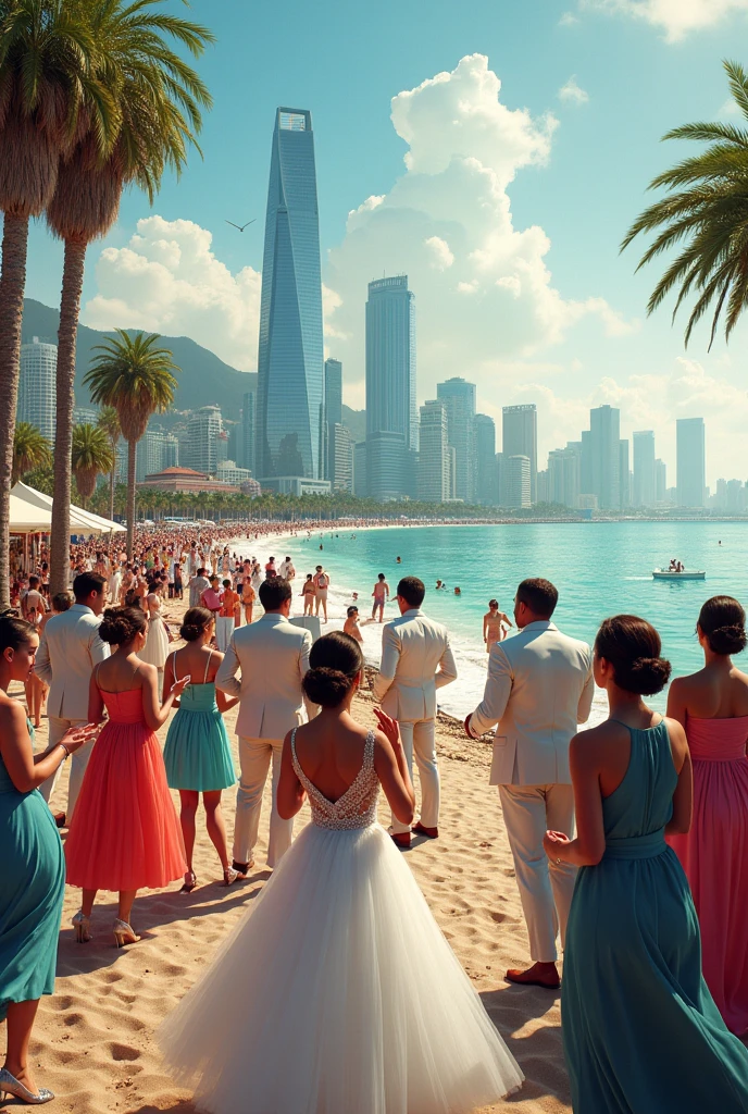 In a city there are weddings and on a shore men are arguing