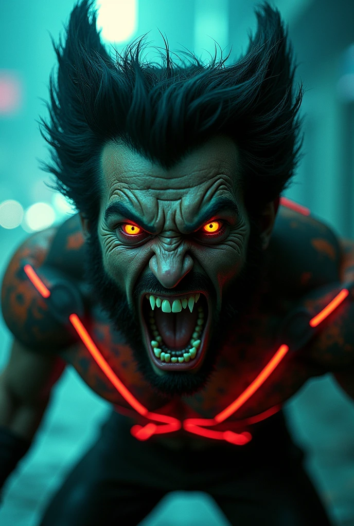 Extreme close-up face
Actor asian Akira kaneda's wolverine creepy monstrous scary as wolverine Year 2099s from X-Men's filmed by ZackSnyder, wolverine dress traje semi rasgado , fighting against thugs X-men Full body , traje rasgado semi Pearl yellow black neon-infused psicodélic fragments splash Snowflakes X-shaped stripes raytracing fashion Week , variant angles, captured with award-winning photography technique, cinematic, dark environment, bokeh, grainy, urban-xmen setting, blurry, IMAx, filmed with Kodak portrait 400, 200mm, f2.8, high resolution, teal filter.Adicione efeitos com chuva, e. Novas cores e trajes diferente em cenas imagens feita,