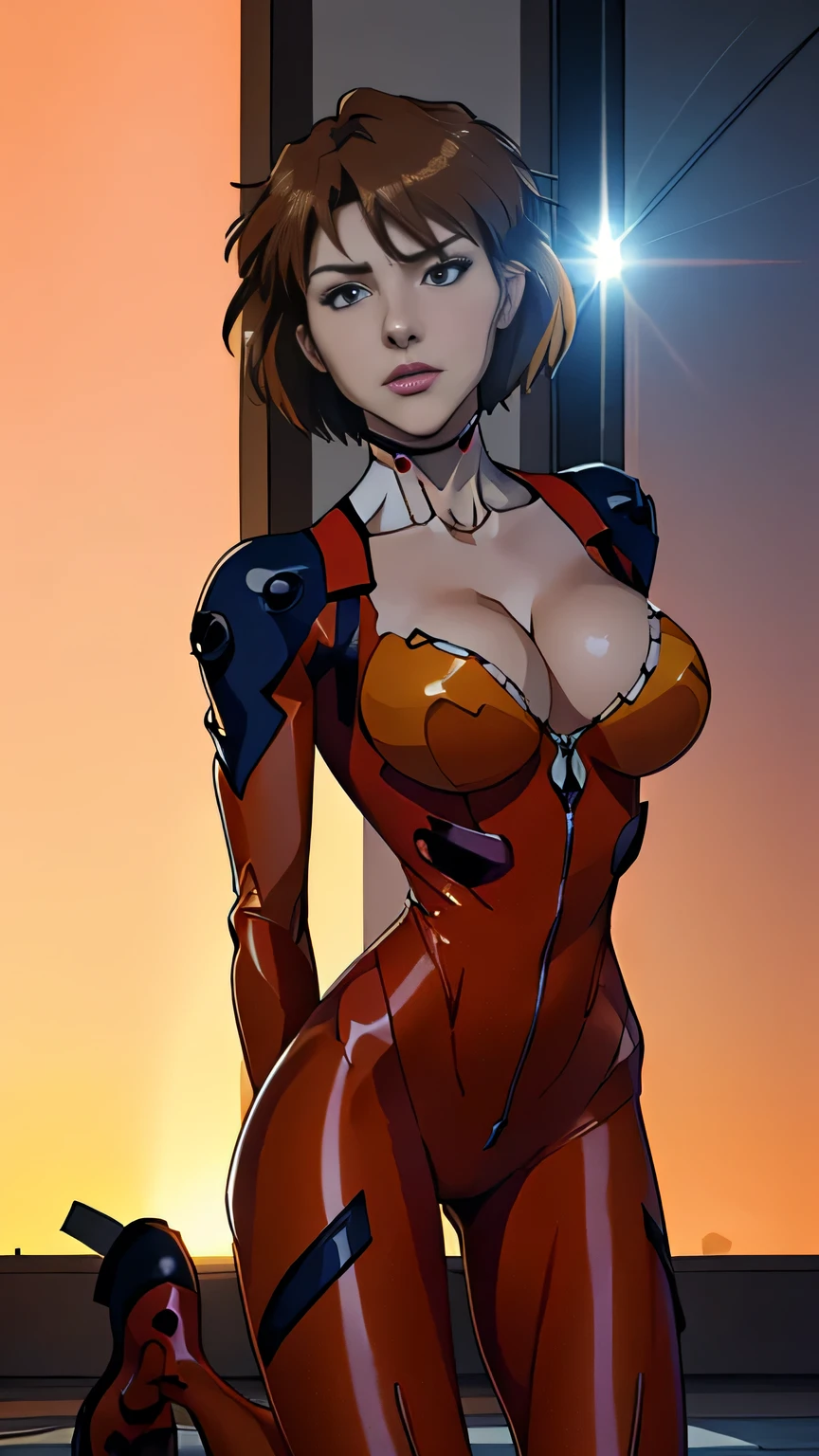 photo of mlp Meowko, RAW, beautiful woman, ((portrait)), ((detailed face:1.2)), ((anime face, anime facial feature, clear skin, glossy anime lips, clear skin), (short lesbian haircut, brunette: 1.55), (perfect proportioned body, Strong, muscular, narrow waist, narrow hips, skinny, massive breasts), ((she is wearing a tight jumpsuit, Neon Genesis Evangelion plug suit, red orange, asuka Langley cosplay, unzipping suit, undressing, Cleavage)), hands behind back, arched back, kneeling on platform, splits kneeling, legs open, mecha background, (realistic photo, best quality, detailed), (8k wallpaper), (bright cinematic lighting, lens flares, beautiful light, (noon:1.3)) (sharp focus, intricate)