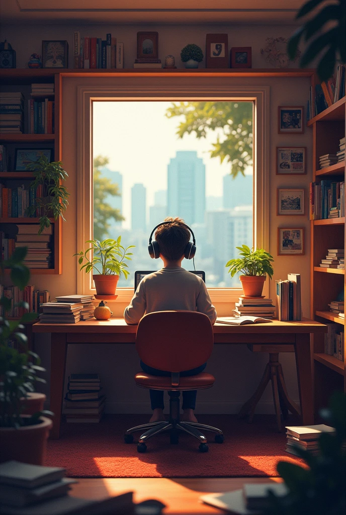 "Create an image featuring a character sitting at a desk with headphones on, in a cozy room with warm lighting. The room should have elements such as books, decorations, and a window showing either a cityscape or nature.

The atmosphere should be calm and inviting, suitable for studying or relaxing. Include soft shadows to enhance the warmth of the scene."