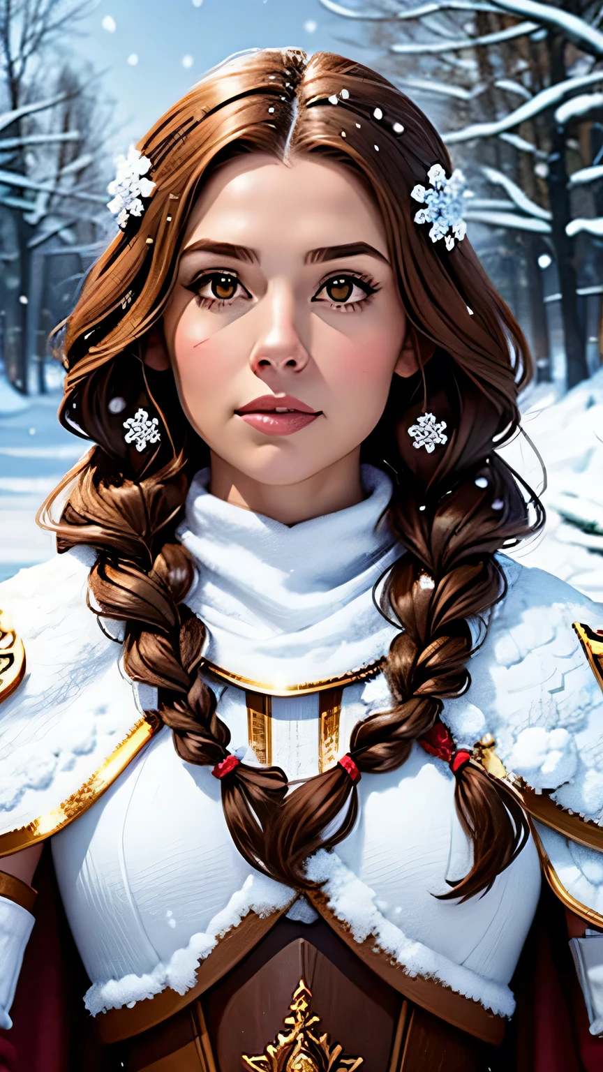 braid, 1girl, 2, dwarven woman, tree, bare tree, brown hair, long hair, branch, flower, armor, solo, snow, brown eyes, white flower, looking at viewer, twin braids, snowflakes, forest, nature, cape, outdoors, snowing, shoulder armor, upper body