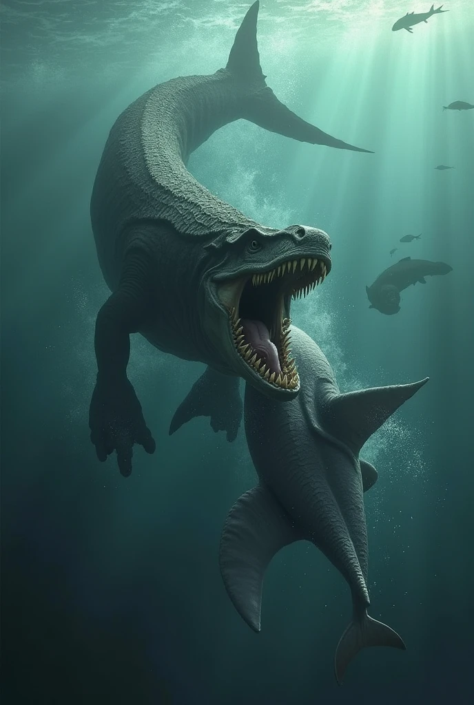 a mossosaurus eating a shark