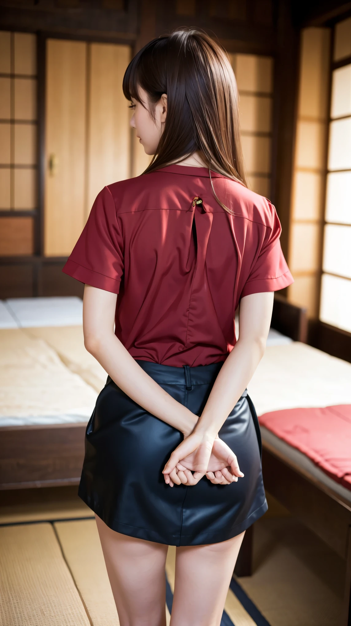 Highest quality, detailed, beautiful, insanely detailed, Absurd, Japanese women, Age 27, (thin), Light brown hair, Shiny Hair, Straight hair, Delicate hair, Model body type, Put your hands behind your back, shibari, Bind securely, Please wear a red short-sleeved blouse, Wearing a dark blue skirt, Japanese-style room , Stand on tatami , Front view view, Anatomically correct body, whole body,