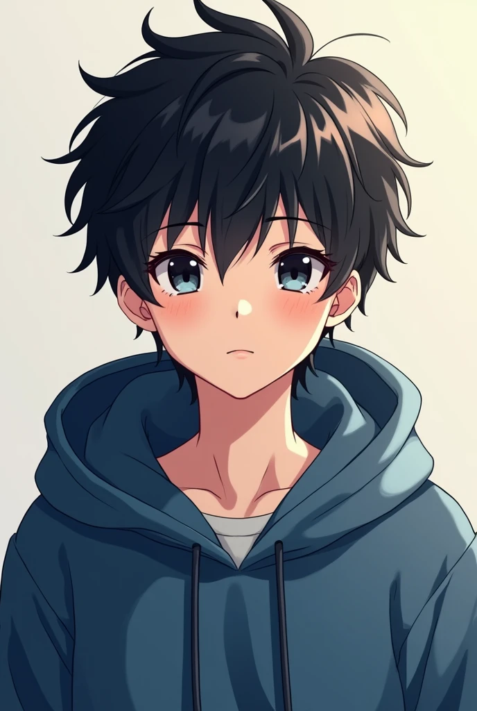 A 1 Handsome anime boy black hairs flufy and black eyes ,A hoddie blue colour
