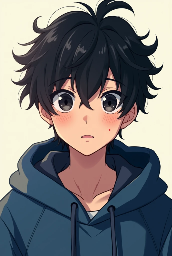 A 1 Handsome anime boy black hairs flufy and black eyes ,A hoddie blue colour
