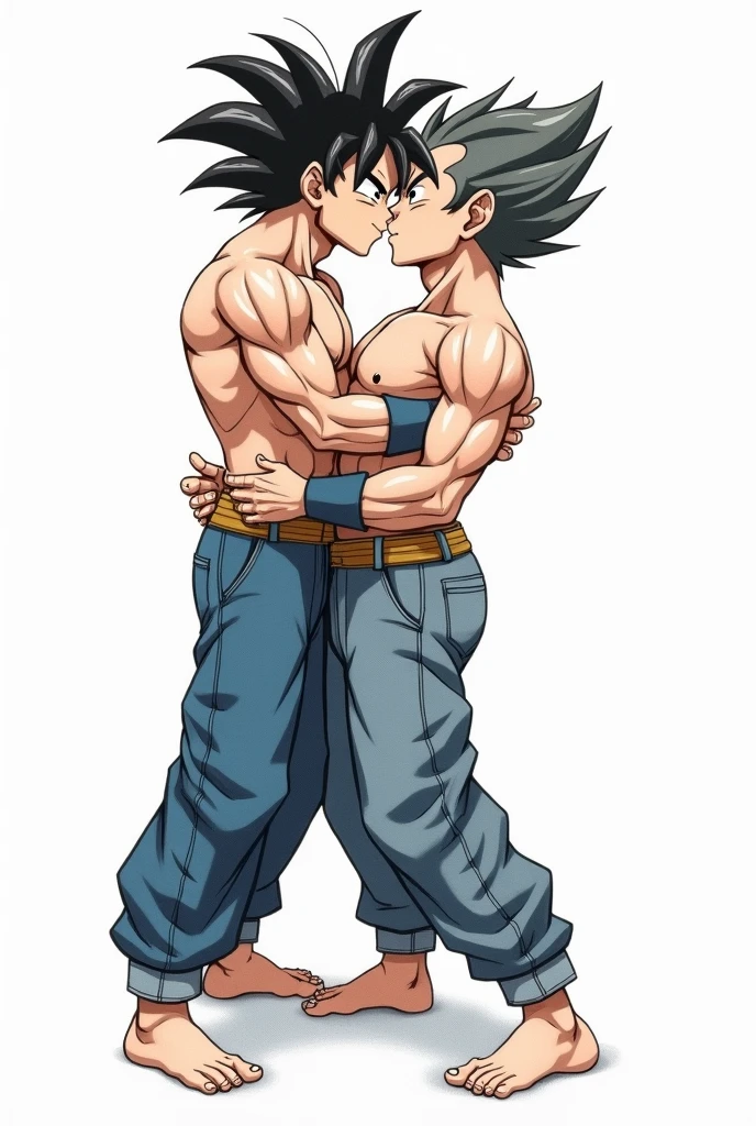 Goku and Vegeta kissing on the mouth (it's two men: both with their eyes closed, Tongue kiss, shirtless both of them, with jeans down to the feet, barefoot and in the form of a drawing)