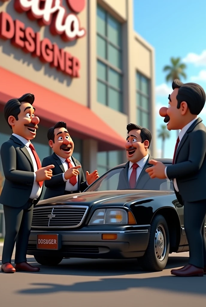 A 3D Disney-style rendering of a humorous scene where a lot of lawyers are standing around a car after an accident. The lawyers are wearing dark suits and ties. Some of them are pointing at the car, while others are discussing among themselves. The background contains a building with a large sign that says "Pedro Designer."