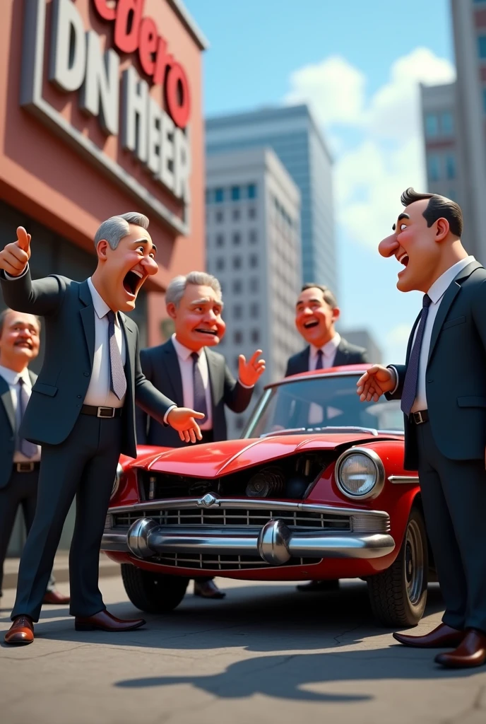 A 3D Disney-style rendering of a humorous scene where a lot of lawyers are standing around a car after an accident. The lawyers are wearing dark suits and ties. Some of them are pointing at the car, while others are discussing among themselves. The background contains a building with a large sign that says "Pedro Designer."