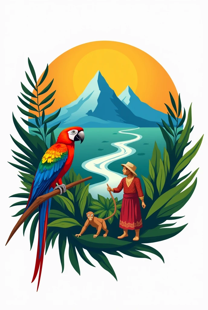 Create a logo in Spanish for a company with the following characteristics: Image with the two peaks of the Sierra Nevada of Santa Marta, laguna, river to the sea, Macaw, monkey and a peasant
