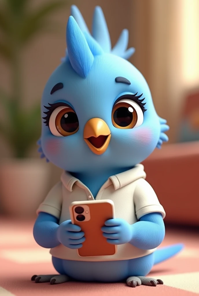 Adul Blue cockatiel, female, with eyelashes in her eyes, dark blue, cub, happy, wearing white polo shirt, with a smartphone, pixar style 8k