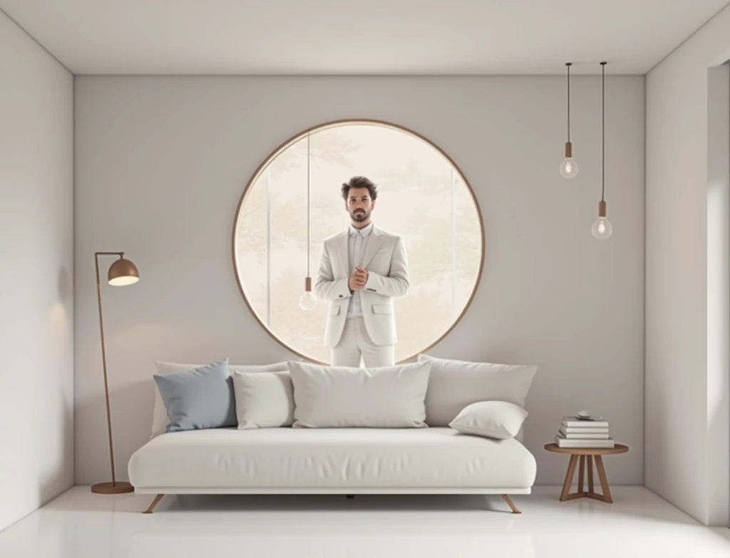 Realistic photo,interior view,modern,minimal,living room,straight lines,use nude color,white-collar,and gray