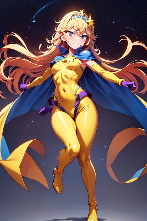 ((best quality)), ((masterpiece)), (detailed), 1 girl, Full body, 1, Smiling face, Blue eyes, Star-shaped tiara, Arms outstretched, Arms behind waist, Blue superhero mask, Blushing, Blonde hair, Straight hair, Long hair, Bangs, Hair ornaments, Star hair ornaments, Full body, Medium breasts, Slim body, Hands with yellow stars, Yellow wristbands, Long purple gloves, Blue gloves, Blue gloves, Yellow shoulder pads, Superhero costume, Superheroes, Yellow leotard suit, With a big yellow star in the center, Star emblem, Somewhat tight, Long yellow cape on waist, Red belt, Purple legs, Purple pantyhose, Long blue boots, Flying, City background, Anime