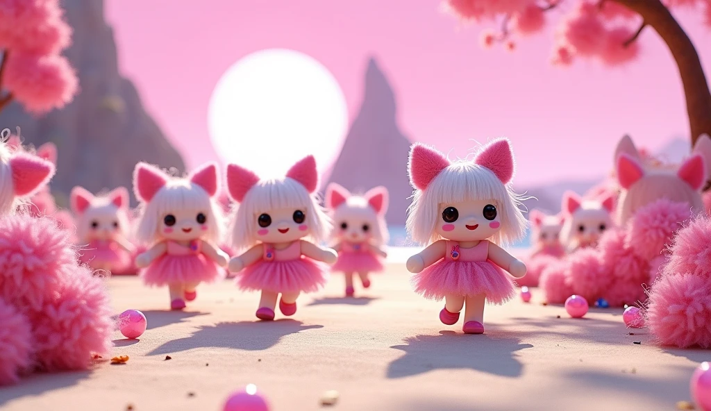 Roblox square baby dolls having fun, with pink dresses and kawaii white hair and pink fluffy hat, they dress fashionably, they have white skin, no mouth partying in the sand, cartoon, Vice City GTA, pink sky background with a white sun and in the distance a huge mountain, they walk towards the bottom, panoramic view