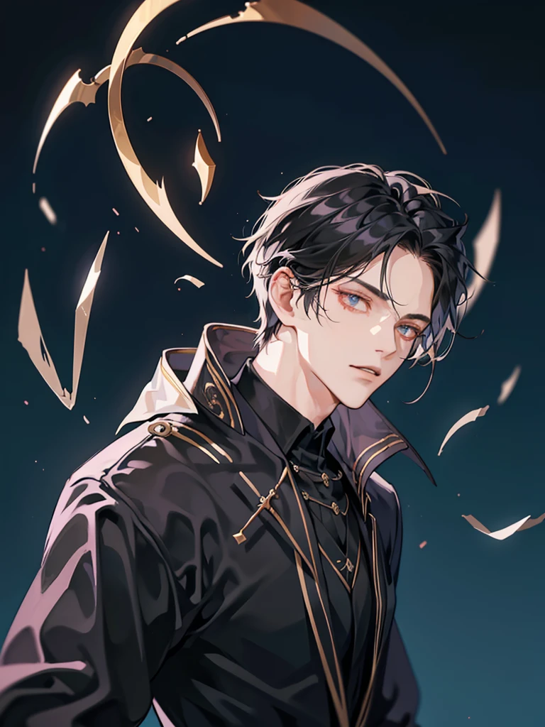 Create an image of Jendrel, a kind vampire. He is 188 cm tall with a lean, athletic build and sleek, dark black hair styled slightly tousled. Jendrel has a sharp jawline and deep, expressive light brown eyes that reflect a blend of charisma and sadness, revealing his internal struggle. His eyes should convey a melancholic but kind demeanor. He wears elegant, mysterious black robes that highlight his refined fashion sense. Pose Jendrel in a chilling yet relaxed manner, perhaps leaning against a surface or with a nonchalant stance. Close-up view.