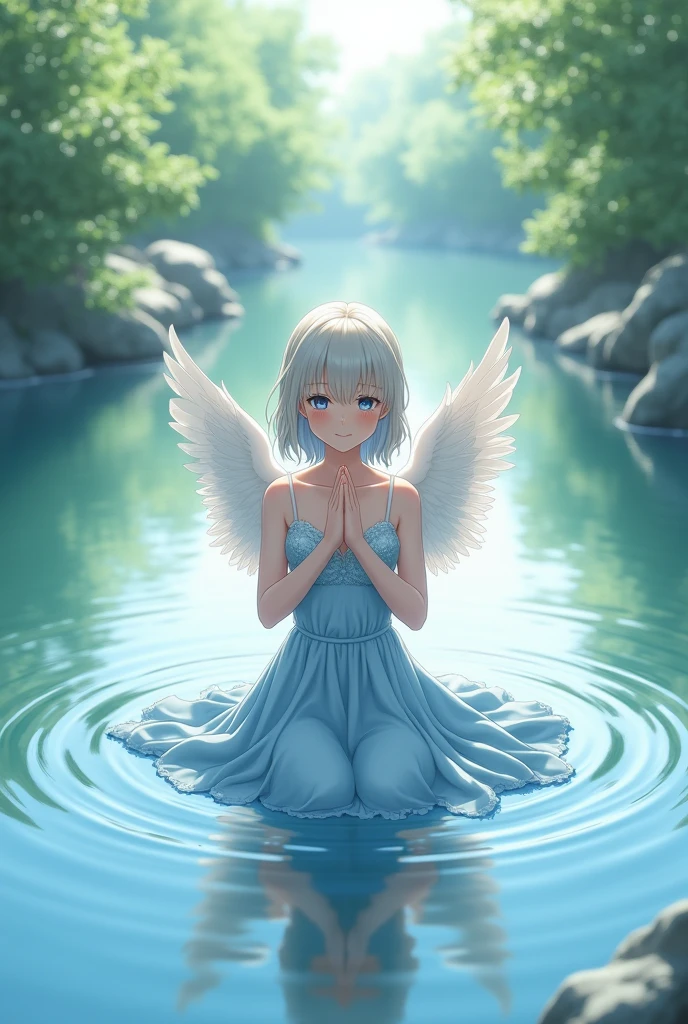 Angel with wings on his back:1.1,very cute female child:1.1,8 yo,Wet and see-through clothes:1.5,Playing by the river,Barefoot,Sweat, Summer,day,Flat-breasted,(4K), (Raw photo: 1.2), (Realism: 1.4), (masutepiece: 1.3), (exquisite detailing: 1.2), Delicate and beautiful details, (Eye Detail), (Facial Detailed), (Highest Quality) :1.4), (Hyper-Resolution: 1.2), (very detailed illustration), Best Quality,depth of fields, Wide light, natural shadows