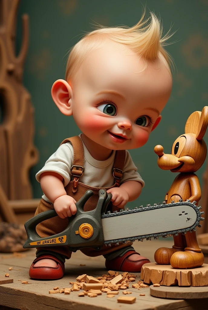 Un vrai Bebe surdouée crée une magnifique sculpture de Mickey, en bois, avec sa tronçonneuse de bébé. Le bébé est fier. caricature  humoristique.  Ecrire :  " Artiste surdoué " 