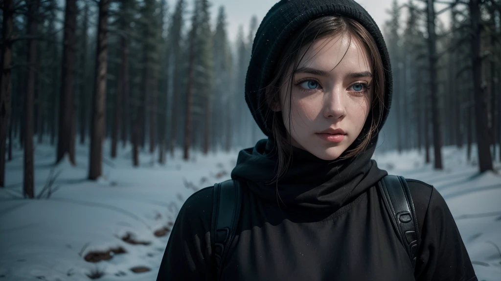 One woman, approximately 2, lightweight black clothing, wearing a prominently visible balaclava. She has striking blue eyes, adding to the atmosphere. The woman is depicted from the waist up, in random, beautiful locations and in various natural poses. Her face and other visible parts of her body are rendered with maximum detail and high quality. The background and her pose are randomly generated, creating a unique and unpredictable scene with a sense of mystery and solitude. The image features soft, diffused lighting and a shallow depth of field, enhancing the overall mood.