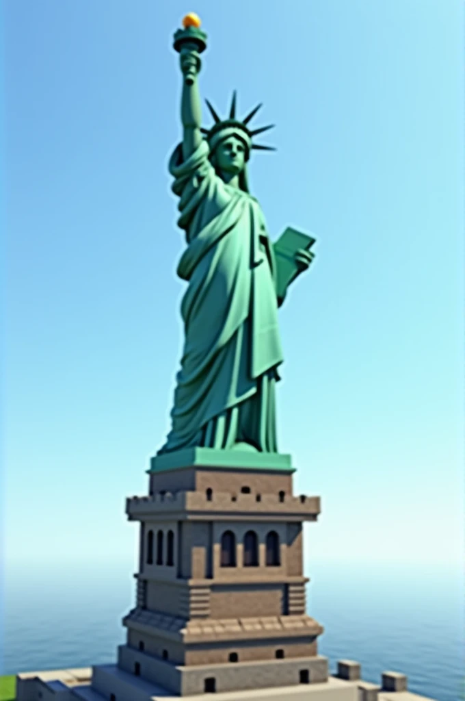 Generate a photo of the Statue of Liberty only in Manicraft, with the caption " and the most beautiful square thing I've ever seen "