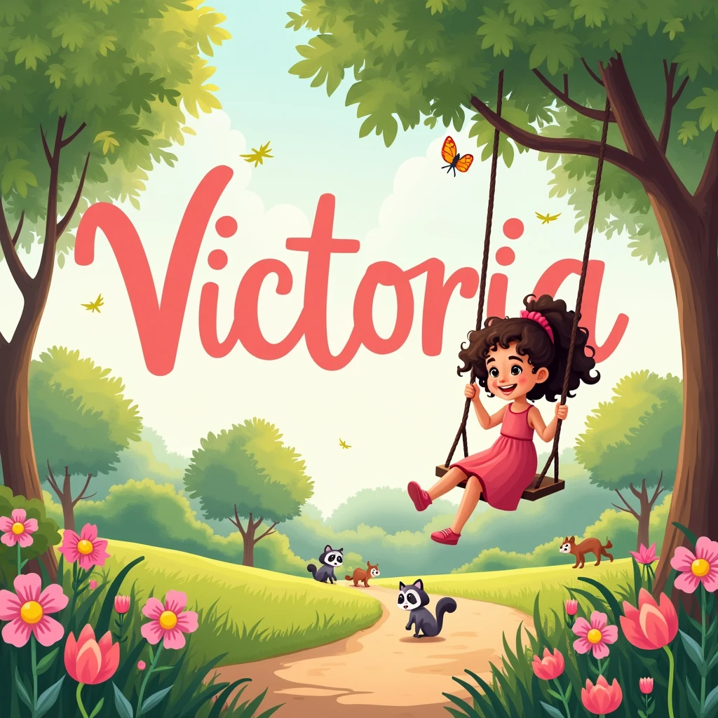 beautiful big garden in spring leaves flying,A Tree Swing,various animals, butterflys, squirrel, raccoon, a smiling brown child with brown eyes in a pink dress baby , with curly hair on the swing playing, flowers along the dirt road,large image of the name Victoria written in light baby pink in the background, high resolution ,width twice as large as height