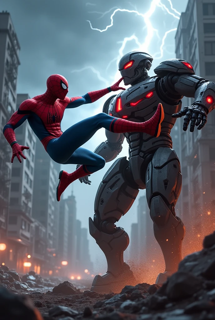 Create an action-packed scene where Spider-Man is in mid-air, delivering a strong kick to the robot's stomach. The force of the kick has caused the robot to start falling backward, its heavy metal body tilting from the impact. Spider-Man’s leg is fully extended, and his expression is determined. The robot's glowing red eyes show a brief flicker of surprise as its metallic gray armor dents slightly where the kick lands. The robot’s design remains consistent: bulky armor, glowing red accents, and sharp-edged limbs. The background showcases a chaotic cityscape with lightning illuminating the stormy sky, adding to the drama of the moment."