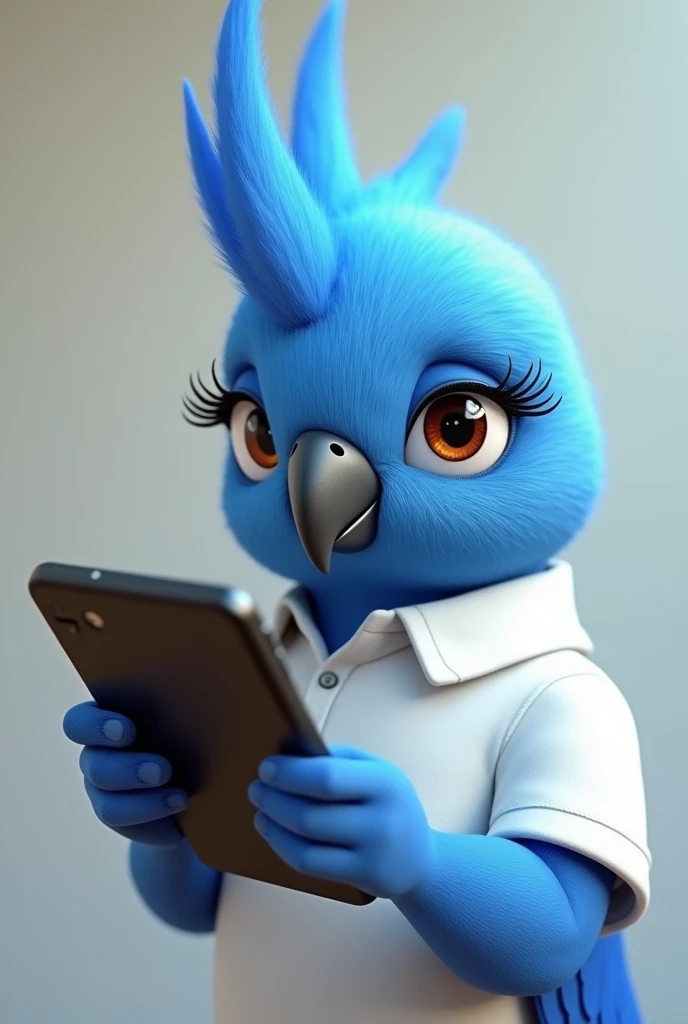 Adult Blue cockatiel, female, with eyelashes in her eyes, dark blue, cub, happy, wearing white polo shirt, with a smartphone, pixar style 8k