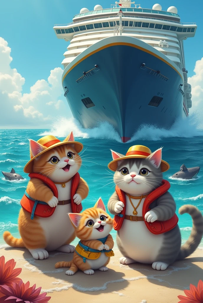 A chubby  cat family is on a vacation  in the sea on a big ship suddenly a kitten fall in the sea  and a shark is coming to eat them